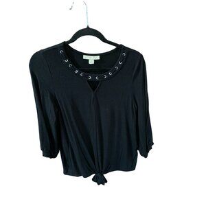Emaline Petite Womens Small  Black Round Neck Pullover Shirt Top Embellished Bea